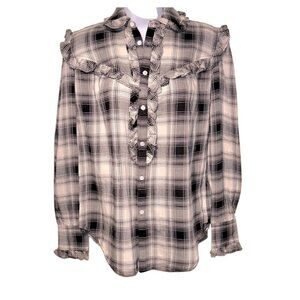 NEW Polo Ralph Lauren Western Black White Plaid Ruffled Button Down XS TP